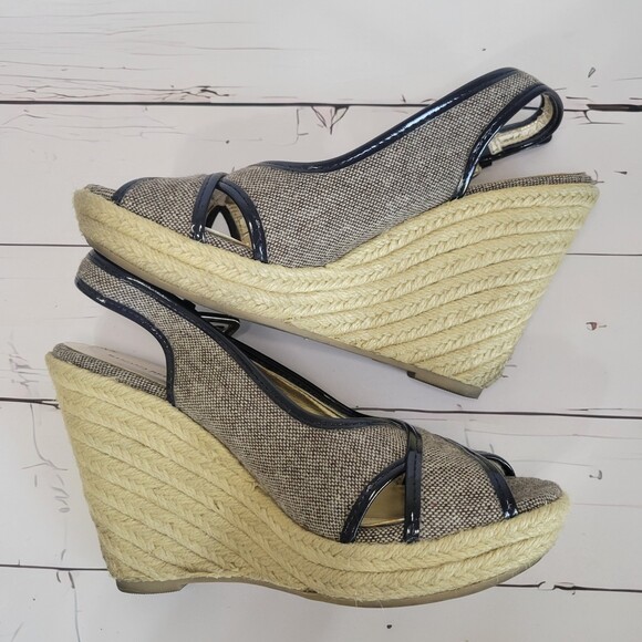 Banana Republic navy blue jute sling back peep toe wedge heels size 7 - Picture 5 of 8